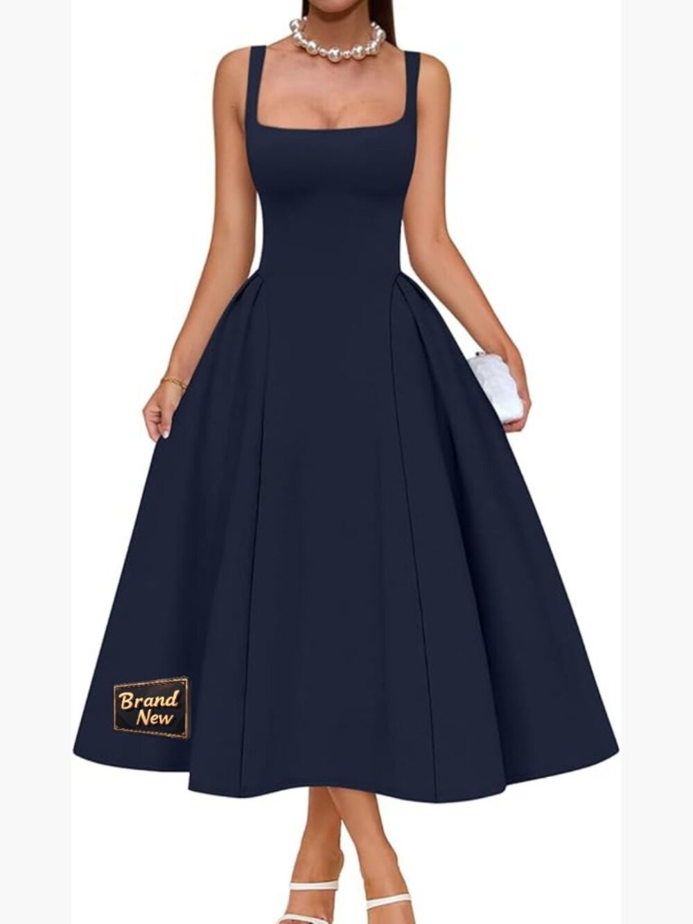 Square Neck Swing A Line Midi Party Dress with Pockets